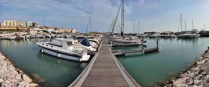 Sailboats moored in harbor