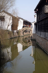 Arch bridge over canal amidst buildings against sky