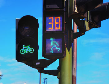 Low angle view of road sign against sky
