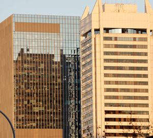 Low angle view of buildings against clear sky