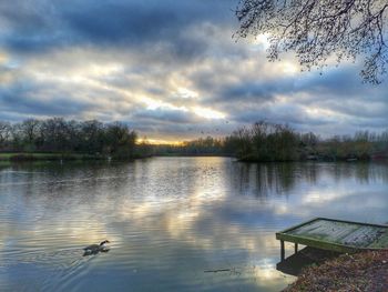 Scenic view of lake against cloudy sky