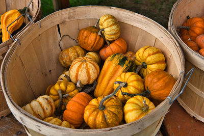 High angle view of pumpkins in basket