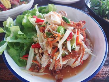 High angle view of meal served on table