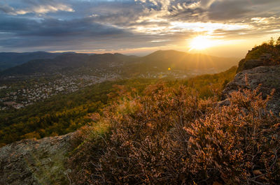 Scenic view of mountains against sky during sunset