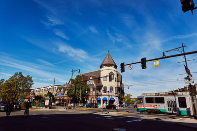 View of historical boston city street and buildings against sky