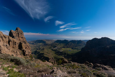 Scenic view of rocky mountains against blue sky