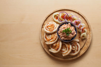 High angle view of food in plate on table