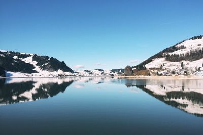 Reflection of snow covered mountains against clear blue sky