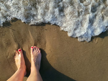 Low section of woman standing at shore