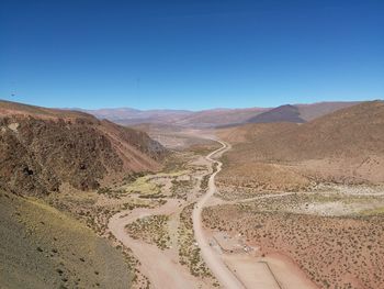 Scenic view of desert against clear blue sky