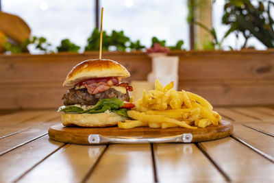 Close-up of burger on table