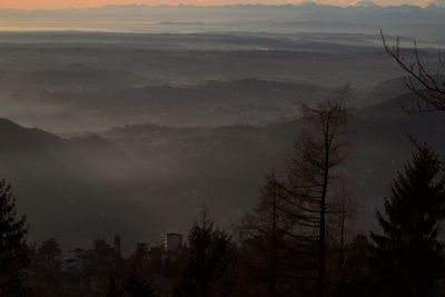 High angle view of trees and mountains against sky