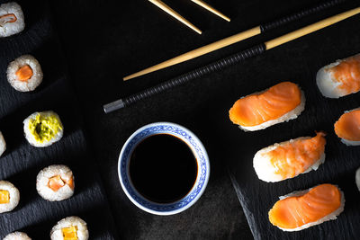 High angle view of sushi on table