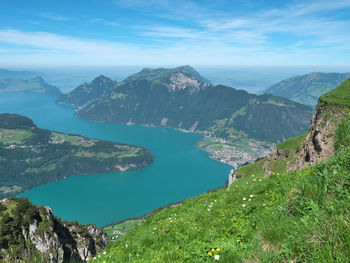 High angle view of lake and mountains against sky