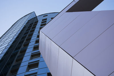 Low angle view of modern building against clear sky