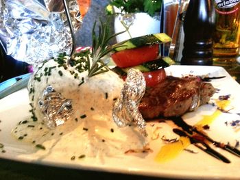 Close-up of food served in plate