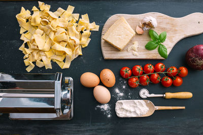 High angle view of vegetables on cutting board