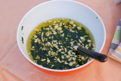 High angle view of soup in bowl on table