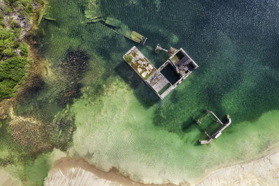 High angle view of house by sea