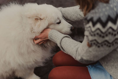 Midsection of woman petting dog outdoors