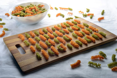 High angle view of food served on table