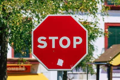 Close-up of road sign against trees