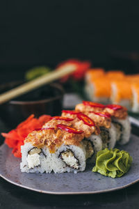 Close-up of sushi served in plate