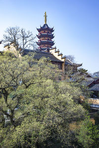 Low angle view of pagoda against sky