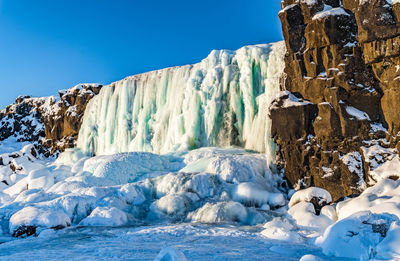 Icicles on snowcapped mountains against clear blue sky