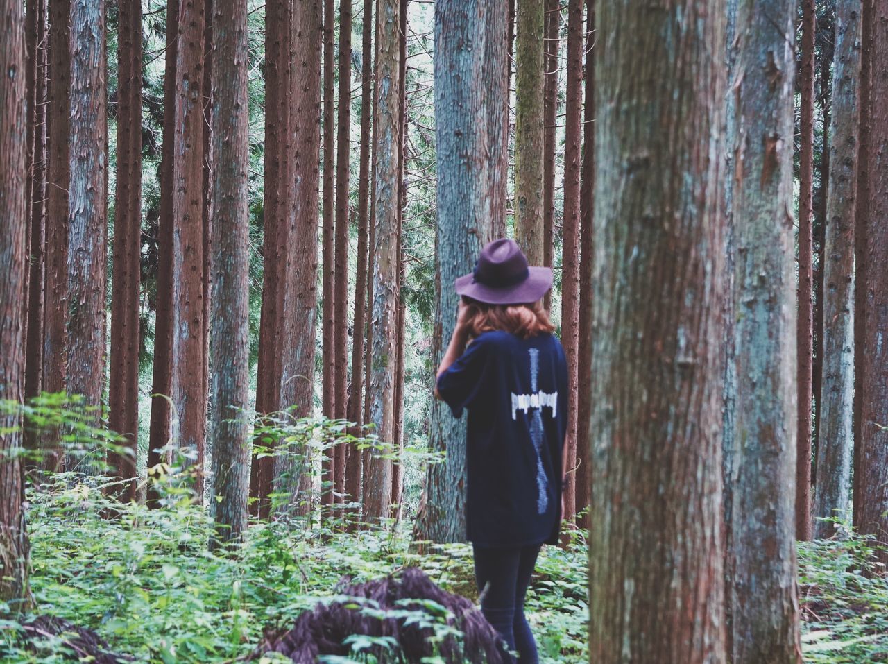 forest, tree trunk, tree, real people, rear view, nature, leisure activity, one person, day, lifestyles, casual clothing, growth, full length, outdoors, beauty in nature, tranquility, hugging, scenics, standing, landscape, men, young adult, people