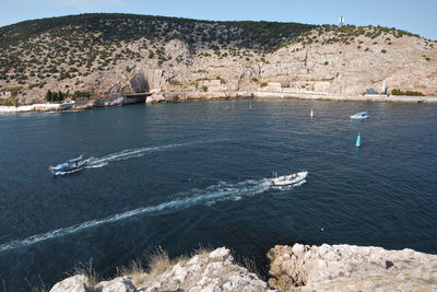 Crimea. balaklava. october 2010. bay. top view of the sea with boats