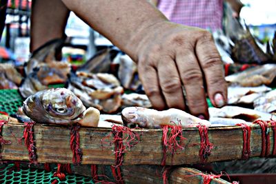 Hand holding fish at market