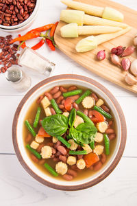 High angle view of salad in bowl on table