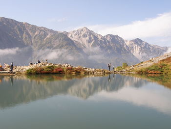 Panoramic view of lake and mountains against sky