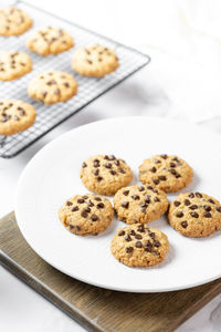 High angle view of cookies in plate on table