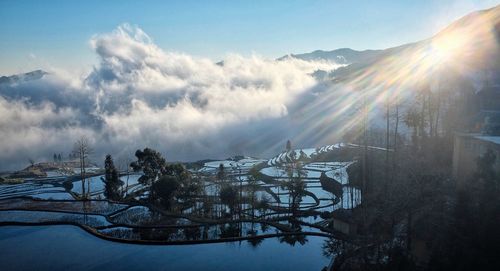 Scenic view of snow covered mountains against sky