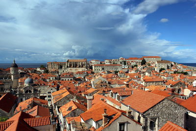 High angle view of cityscape against cloudy sky