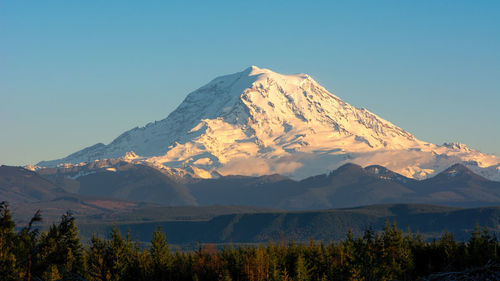 Majestic view of snowcapped mountain against clear blue sky