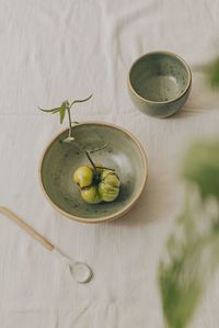 High angle view of fruits in bowl on table