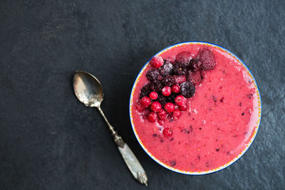 High angle view of strawberry in bowl on table