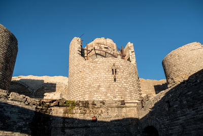 Old ruins of building against blue sky