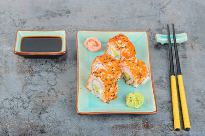 High angle view of fish on table