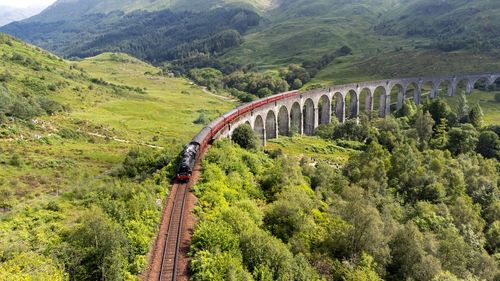 Glenfinnan viaduct in scotland  drone shot ,featured in harry potter films