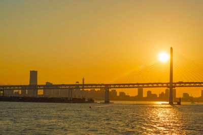 Bridge over river against sky during sunset