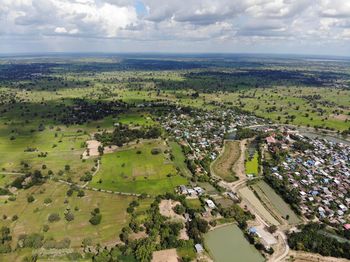 High angle view of trees on field against sky