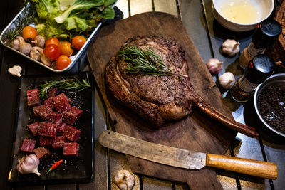 High angle view of various food on table