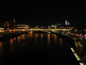 Illuminated bridge over river in city at night