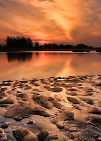 Scenic view of lake against sky during sunset