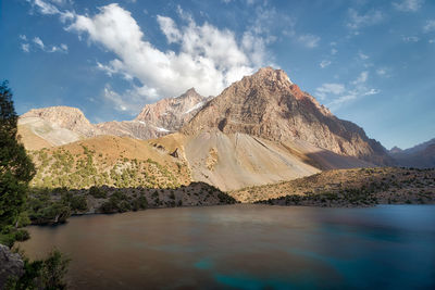 Scenic view of lake and mountains against sky