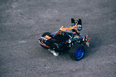 High angle view of toy car on road